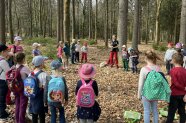 Kindergruppe steht mit der Försterin im Wald