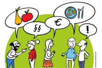 Gezeichnete Menschen sprechen miteinander.