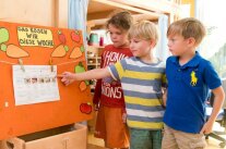 Drei Kinder stehen neben oranger Tafel mit Aufschrift "Das essen wir diese Woche"