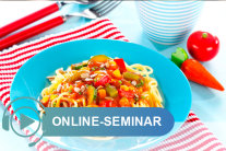 Spaghetti mit Gemüsesoße auf einem Teller; Schriftzug Online-Seminar 