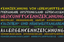 Worte wie Allergenkennzeichnung, Herkunftskennzeichnung, Kalorien- und Nährwertangaben auf Tafel